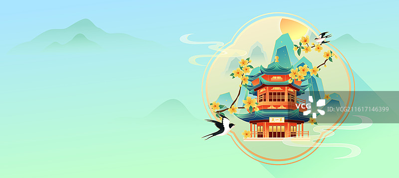 国风节气立春敦煌城市建筑矢量插画图片素材