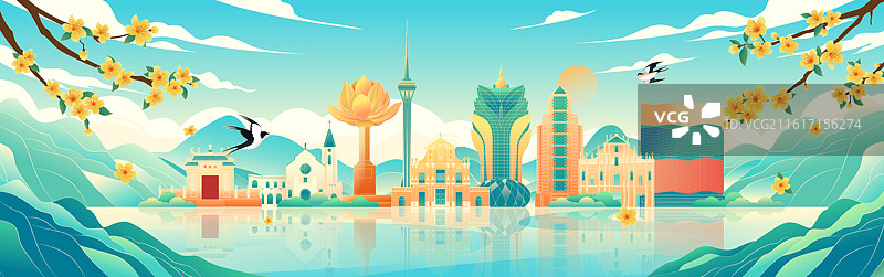 国风节气立春澳门城市建筑矢量插画图片素材