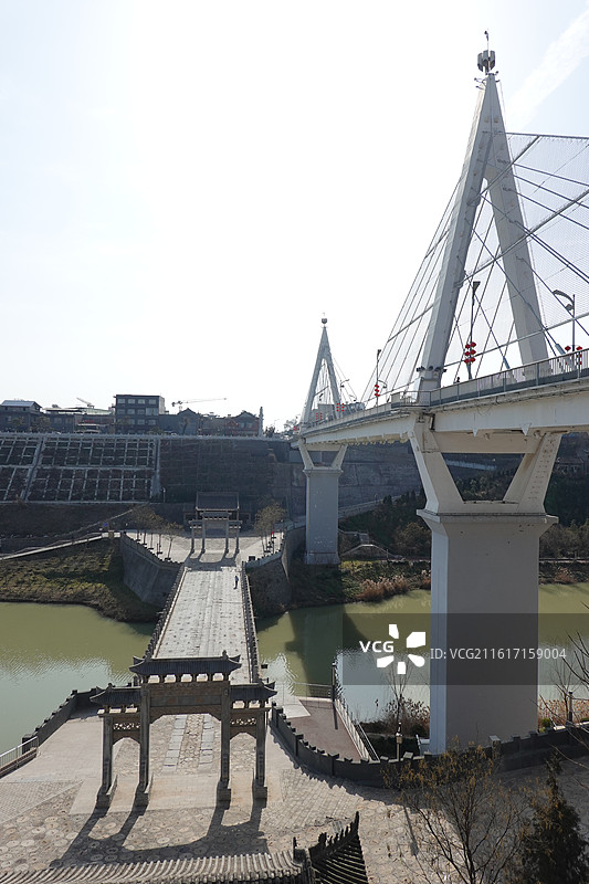 陕西省咸阳市三原县龙桥古镇清峪河古龙桥和新龙桥图片素材