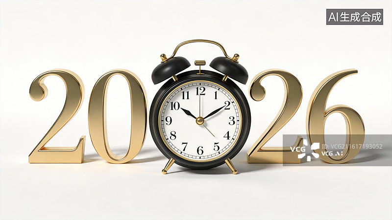 【AI数字艺术】2026年金色数字与闹钟图片素材