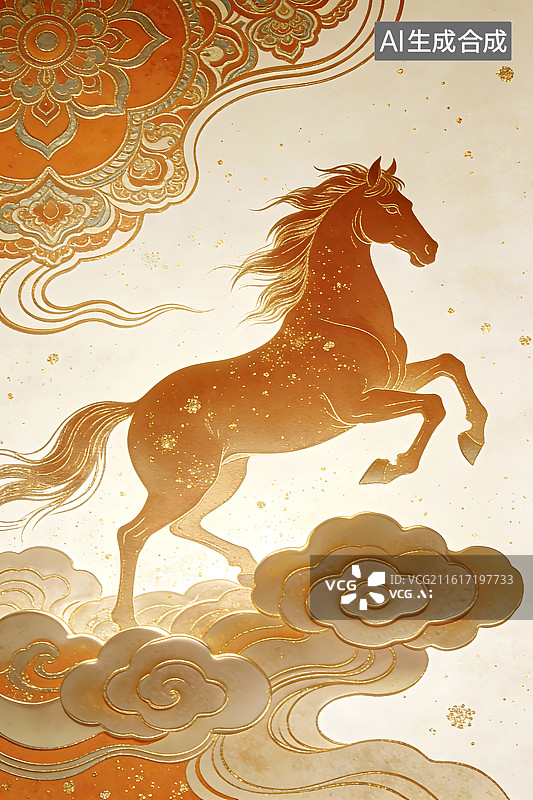 【AI数字艺术】金色骏马踏云飞腾图图片素材