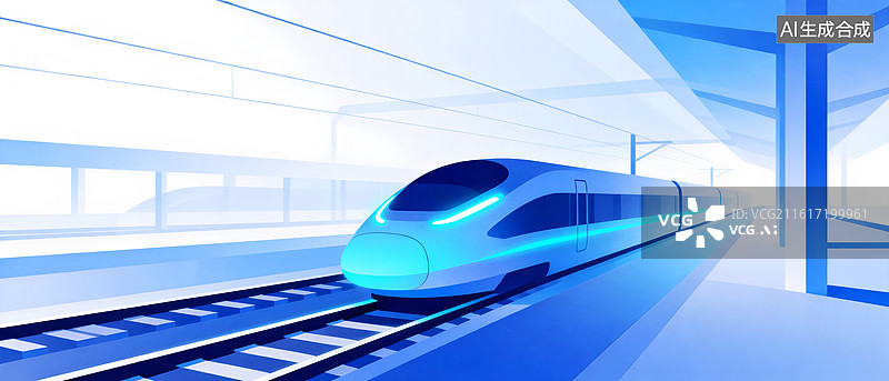 【AI数字艺术】蓝色简洁插画，极速行驶的高速列车图片素材