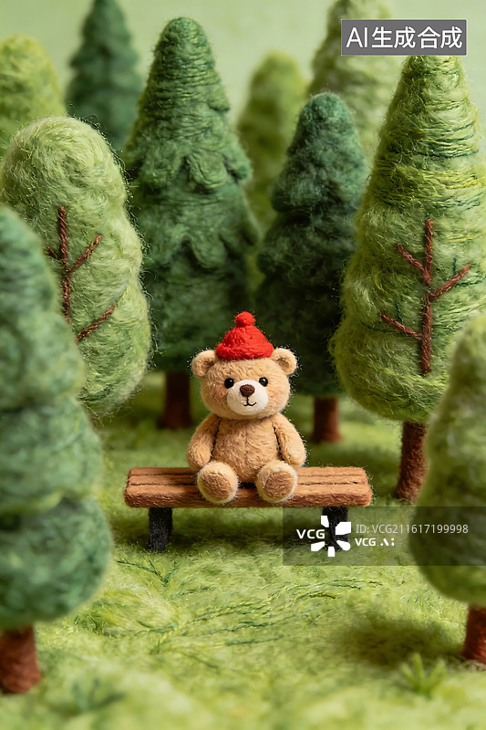 【AI数字艺术】毛毡森林中的小熊坐在长椅上图片素材