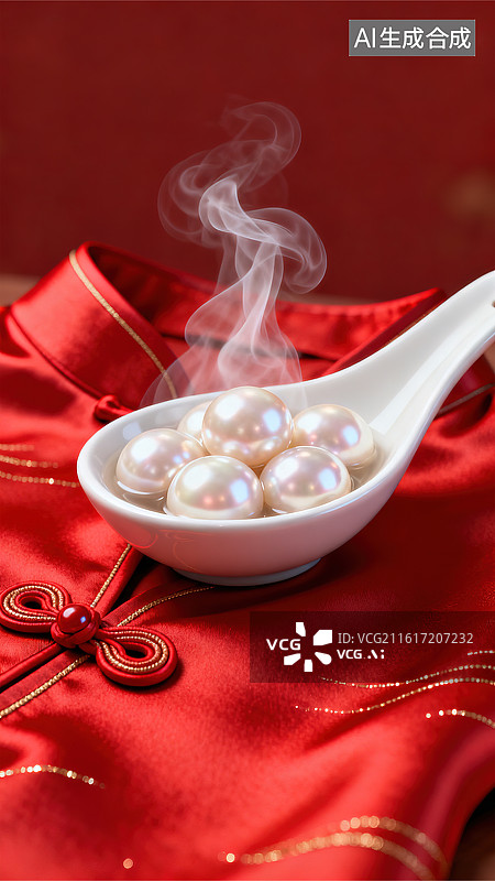 【AI数字艺术】腊八节元宵节创意同构设计海报模板背景 勺子里的旗袍盘扣珍珠红色丝绸质感面料传统节日新中式国风时尚服装图片素材