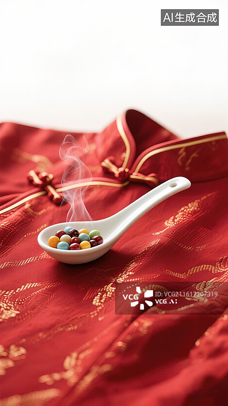 【AI数字艺术】腊八节元宵节创意同构设计海报模板背景 勺子里的旗袍盘扣珍珠红色丝绸质感面料传统节日新中式国风时尚服装图片素材