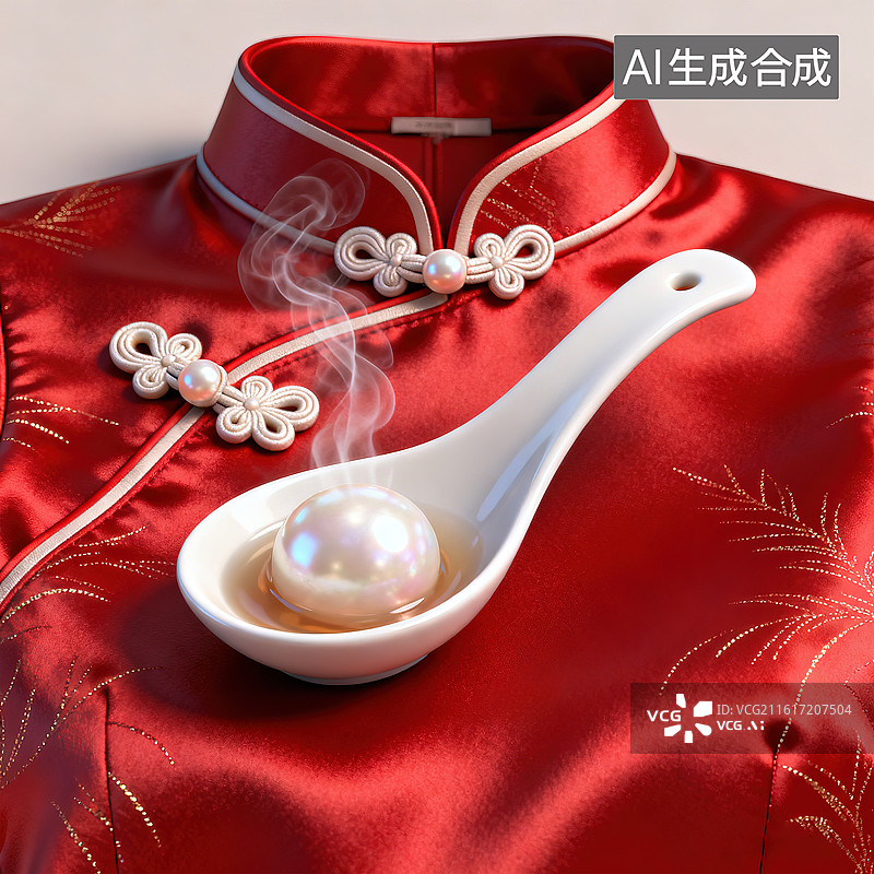 【AI数字艺术】腊八节元宵节创意同构设计海报模板背景 勺子里的旗袍盘扣珍珠红色丝绸质感面料传统节日新中式国风时尚服装图片素材