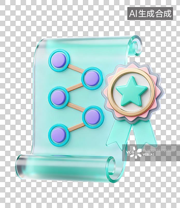 【AI数字艺术】3D磨砂玻璃材质展开卷轴上有圆形节点连线组成流程路径任务进度徽章成就元素图片素材