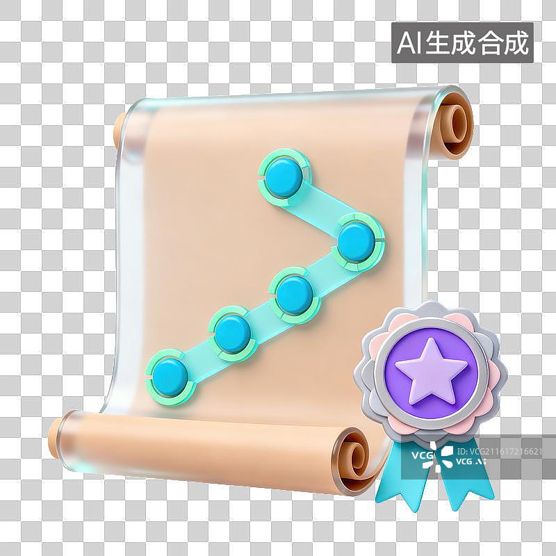 【AI数字艺术】3D磨砂玻璃材质展开卷轴上有圆形节点连线组成流程路径任务进度徽章成就元素图片素材