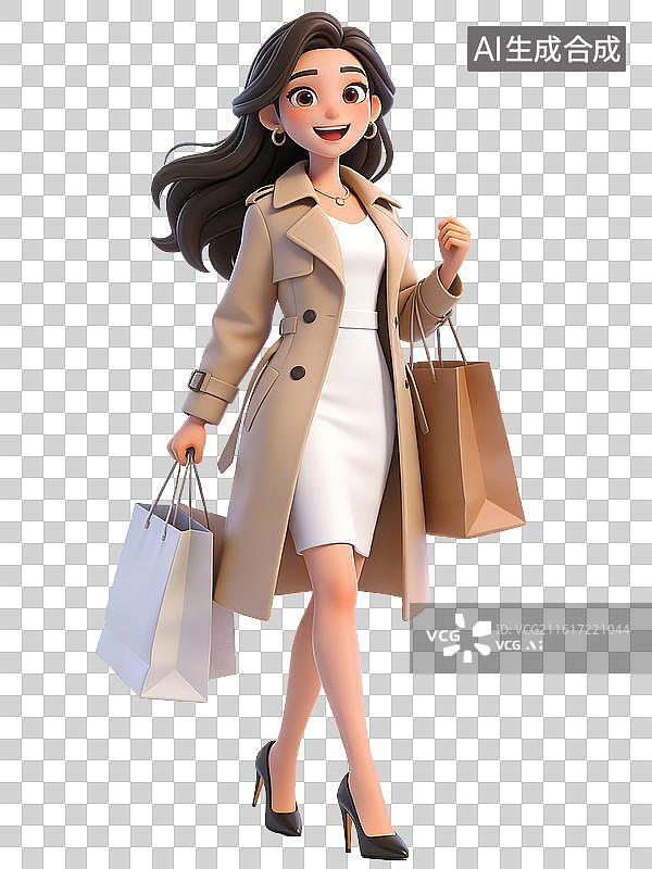 【AI数字艺术】年轻女性，面带微笑，手持购物袋，身穿米色风衣和白色连衣裙，脚踩高跟鞋，姿态自信，购物归来图片素材