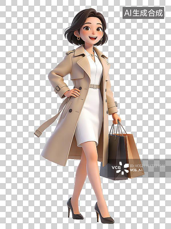 【AI数字艺术】一位年轻女性，面带微笑，穿着米色风衣和白色连衣裙，手提购物袋，脚踩高跟鞋，姿态自信图片素材