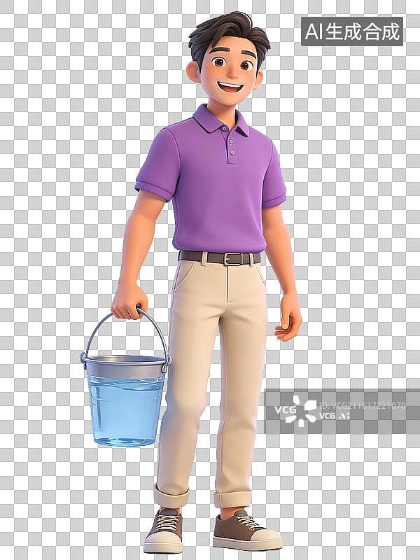 【AI数字艺术】年轻男性，面带微笑，手持水桶，身穿紫色Polo衫卡其裤，系腰带，穿棕色运动鞋，姿态轻松图片素材