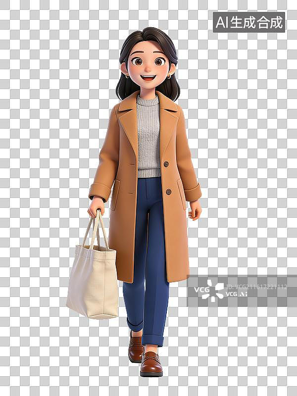 【AI数字艺术】年轻女性，面带微笑，手持购物袋，穿着驼色大衣、灰色毛衣、蓝色裤子和棕色皮鞋，姿态自信图片素材