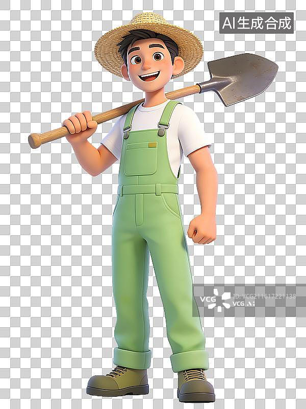 【AI数字艺术】年轻男性，面带微笑，手持铁锹，身穿绿色背带裤和草帽，姿势自信图片素材