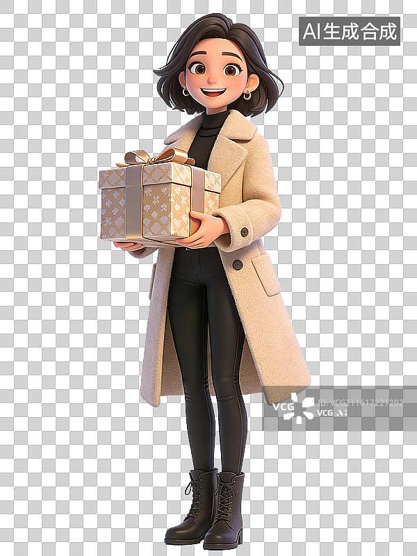 【AI数字艺术】短发女性，面带微笑，手持礼物盒，身穿米色大衣黑色紧身裤和黑色马丁靴，整体形象时尚图片素材