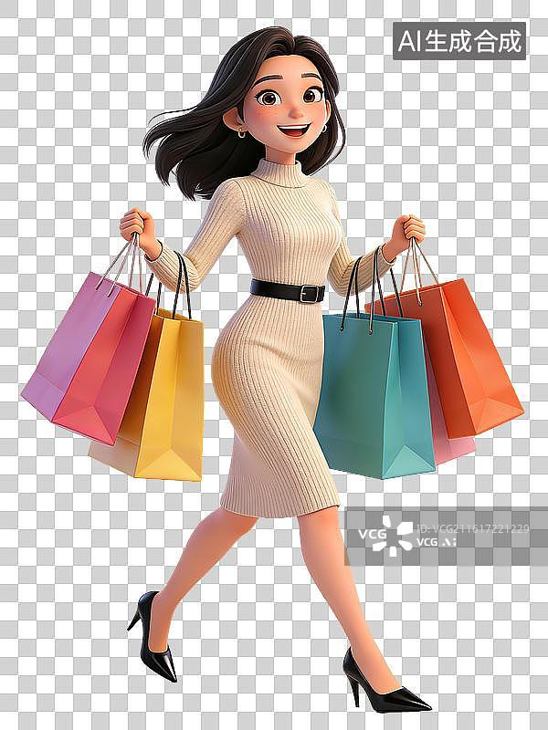 【AI数字艺术】年轻女性，笑容满面，手持购物袋，身穿米色连衣裙黑色高跟鞋，腰系黑带，展现购物后的愉悦心情图片素材