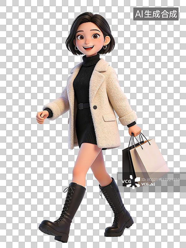 【AI数字艺术】年轻女性，面带微笑，手持购物袋，穿着黑色高领毛衣、米色外套、黑色短裙和长靴，时尚休闲装扮图片素材