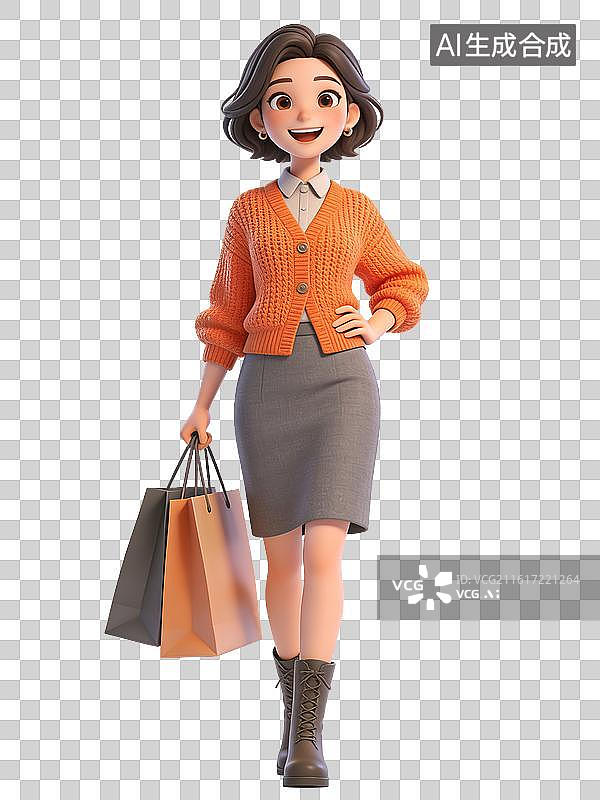 【AI数字艺术】一位年轻女性，面带微笑，手持购物袋，身穿橙色毛衣和灰色短裙，搭配黑色靴子，时尚且自信图片素材