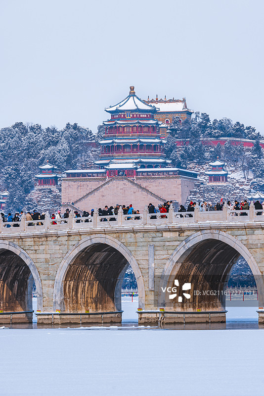 雪后十七孔桥与佛香阁图片素材