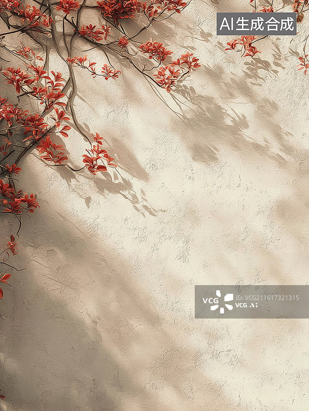 【AI数字艺术】红花枝条在光影斑驳的墙面上投下美丽影子图片素材