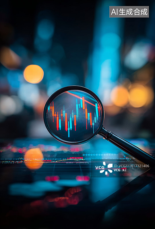 【AI数字艺术】放大镜聚焦金融图表揭示市场动态图片素材