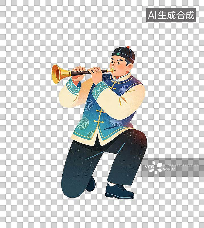 【AI数字艺术】吹唢呐的男生插画图片素材