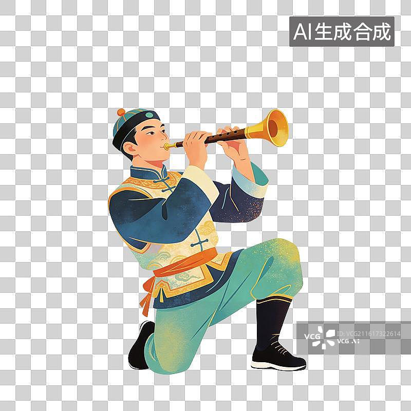 【AI数字艺术】吹唢呐的男生插画图片素材