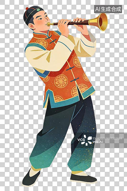 【AI数字艺术】吹唢呐的男生插画图片素材