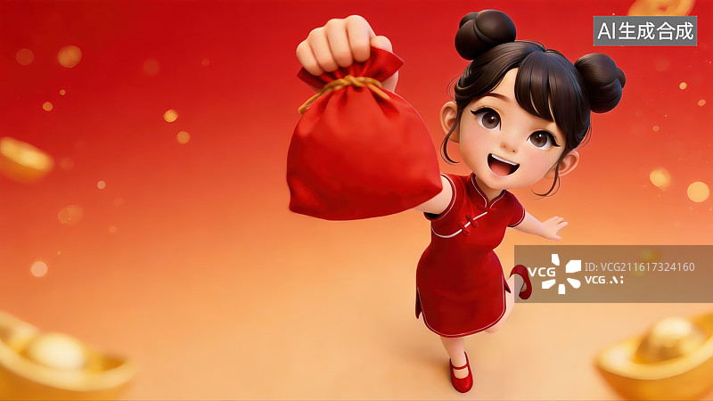 【AI数字艺术】3D春节喜庆人物大透视插画—福袋图片素材