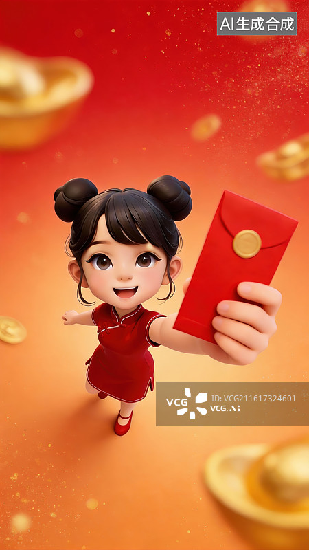 【AI数字艺术】3D春节喜庆人物大透视插画—红包图片素材