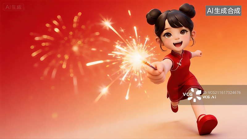 【AI数字艺术】3D春节喜庆人物大透视插画—放焰火图片素材