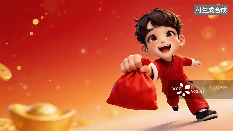 【AI数字艺术】3D春节喜庆人物大透视插画—福袋图片素材