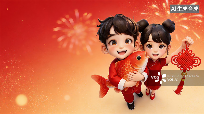 【AI数字艺术】3D春节喜庆人物大透视插画—锦鲤与中国结图片素材