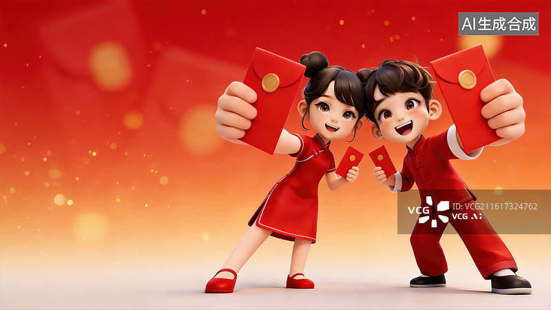 【AI数字艺术】3D春节喜庆人物大透视插画—红包图片素材