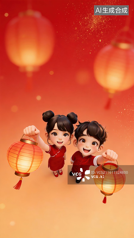 【AI数字艺术】3D春节喜庆人物大透视插画—灯笼图片素材