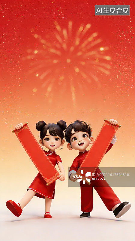 【AI数字艺术】3D春节喜庆人物大透视插画—春联图片素材