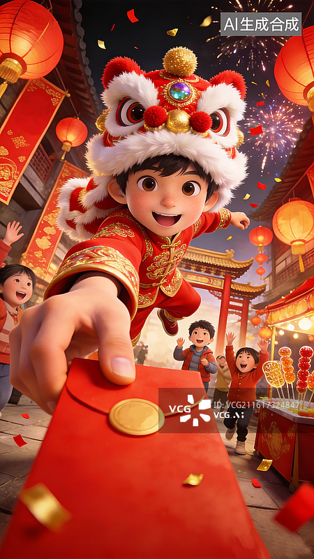 【AI数字艺术】3D立体卡通风格大透视仰拍角度,戴虎头帽的小男孩伸手递红包，热闹庙会背景，中国新年节日插画背景 竖版图片素材