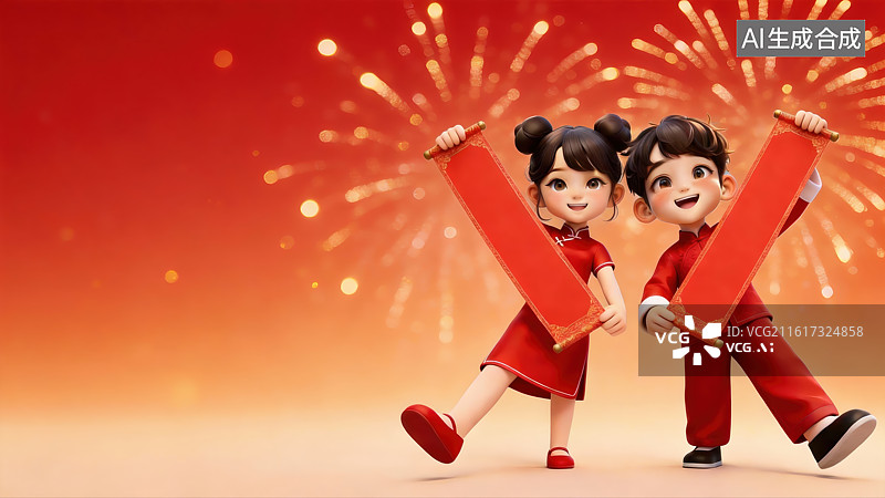 【AI数字艺术】3D春节喜庆人物大透视插画—春联图片素材