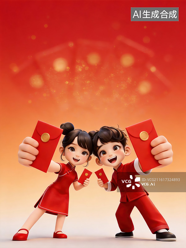【AI数字艺术】3D春节喜庆人物大透视插画—红包图片素材