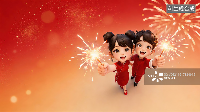 【AI数字艺术】3D春节喜庆人物大透视插画—放焰火图片素材