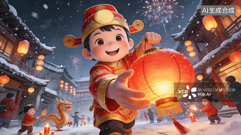 【AI数字艺术】3D立体卡通风格大透视仰拍角度,戴官帽的小男孩手提红灯笼，热闹庙会背景，中国新年节日插画背景 竖版图片素材