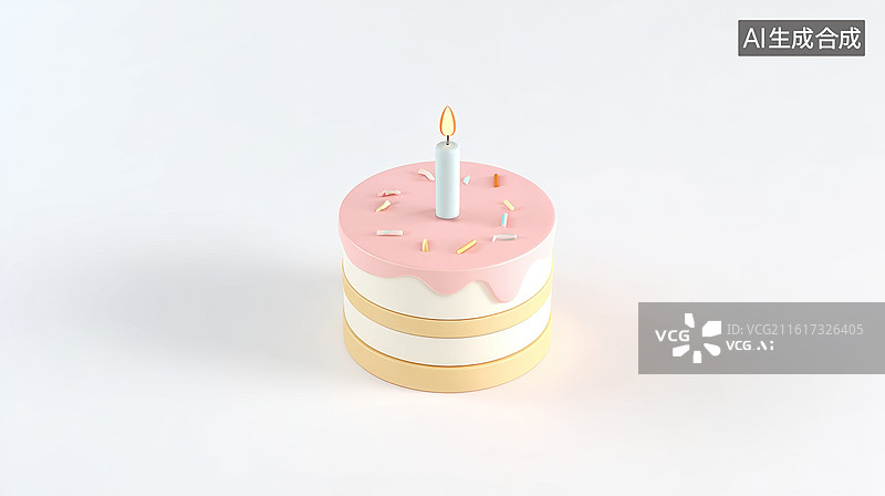 【AI数字艺术】粉色奶油生日蛋糕配单支点燃蜡烛图片素材