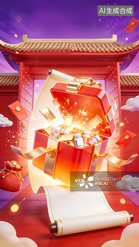 【AI数字艺术】2026年货节电商促销插画 ，C4D 打开的礼盒装满代金券和药瓶 3D红色门头背景 大透视 医药行业图片素材
