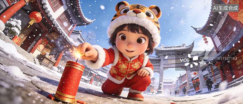 【AI数字艺术】春节氛围大透视海报点鞭炮的女孩图片素材