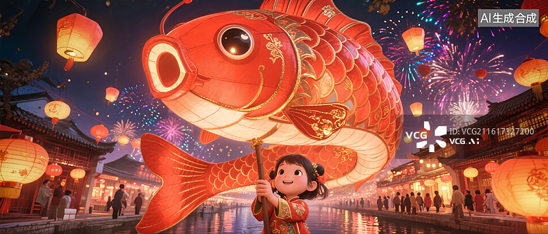 【AI数字艺术】春节氛围大透视海报拿着鱼灯的女孩图片素材