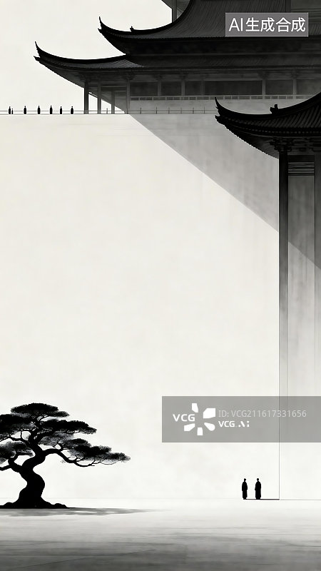 【AI数字艺术】抽象黑白中式超现实建筑风景背景壁纸图片素材
