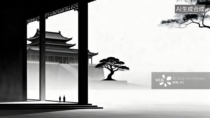 【AI数字艺术】抽象黑白中式超现实建筑风景背景壁纸图片素材