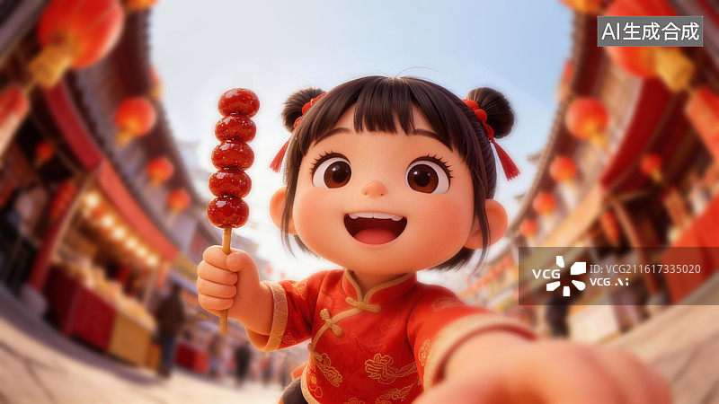 【AI数字艺术】一个女孩拿着糖葫芦大透视三维场景图片素材