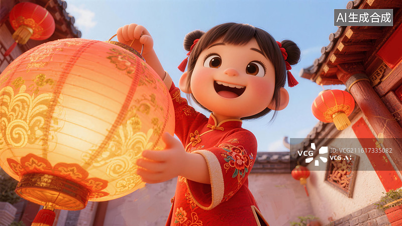 【AI数字艺术】一个女孩拿着灯笼大透视三维场景图片素材