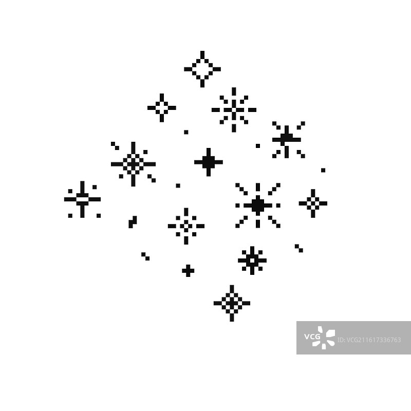 像素风格的8位复古闪耀星星集合，闪亮游戏元素图片素材