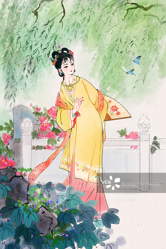 国风文学名著红楼梦金陵十二钗薛宝钗扑蝶插画图片素材